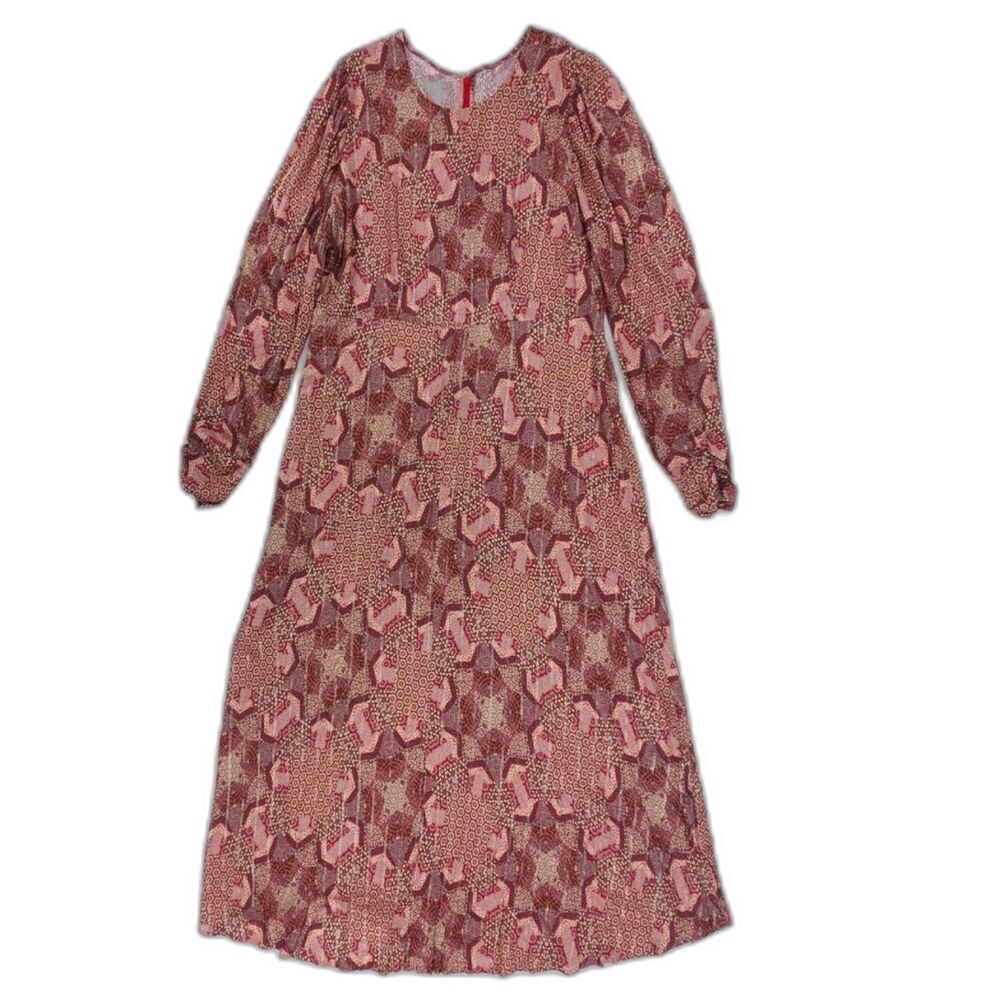 JOHNNY WAS Metallic Midi Dress Burgundy Geometric Print 70s Boho French Girl XL